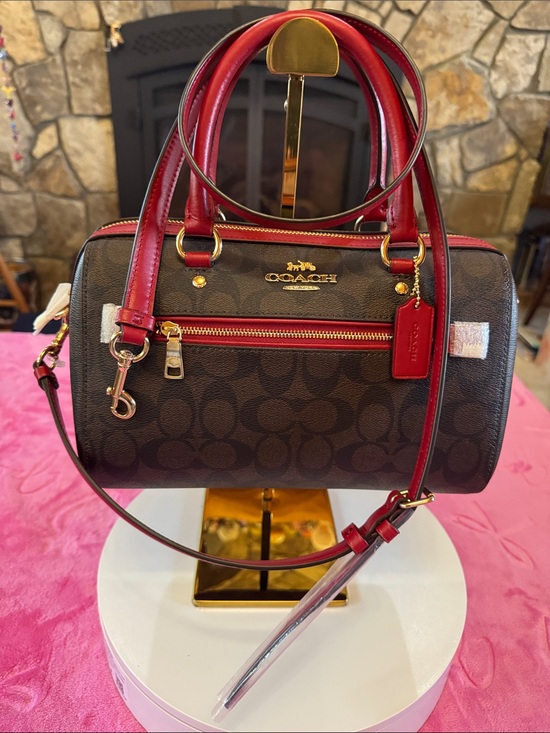 Coach Handbags - NWT Coach L2122‑83607 Chocolate Embossed Satchel Red Trim Gold Hardware